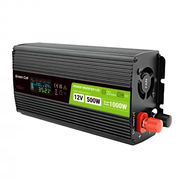 Green Cell spanningsomvormer PowerInverter LCD 12 V 500W/1000W auto-omvormer met display – omvormer/adapter met zuivere sinusgolf auto zwart