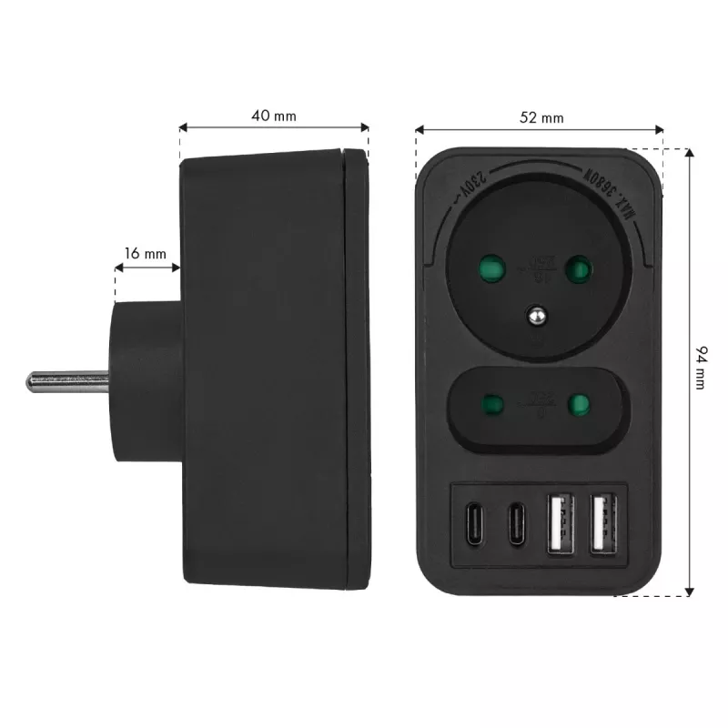 Power splitter MACLEAN MCE249 F/B – 2 AC-stopcontacten (16A + 6A) met 2×USB-A en 2×USB-C PD 20W, EU-stekker, zwart