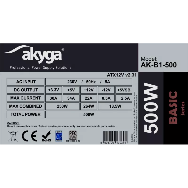Akyga Basic AK-B1-500 ATX-voeding 500 W, 120mm-ventilator, passieve PFC, grijs