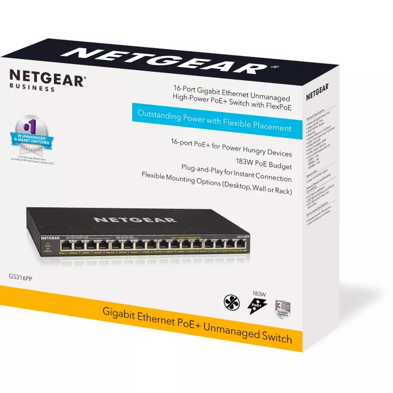 NETGEAR GS316PP unmanaged Gigabit Ethernet (10/100/1000) Power over Ethernet (PoE) zwart