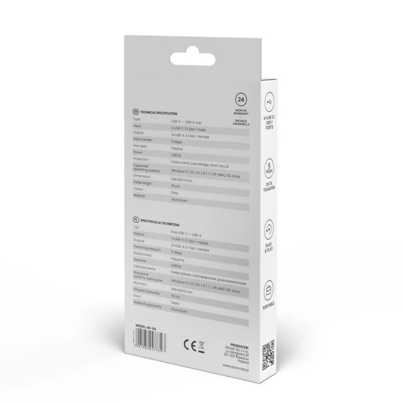 USB-hub SAVIO AK-54 — 4 x USB-A (USB 3.2 Gen 1), USB-C-host, zwart