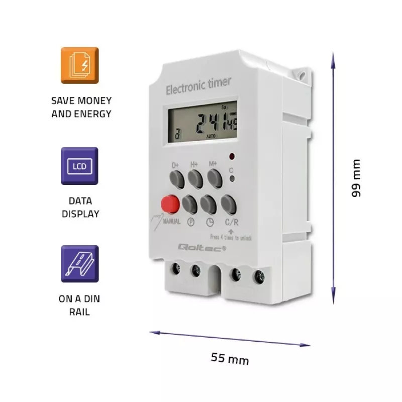 Elektronische DIN-rail tijdschakelaar QOLTEC PC0629 — 24V voeding, 16A uitgang