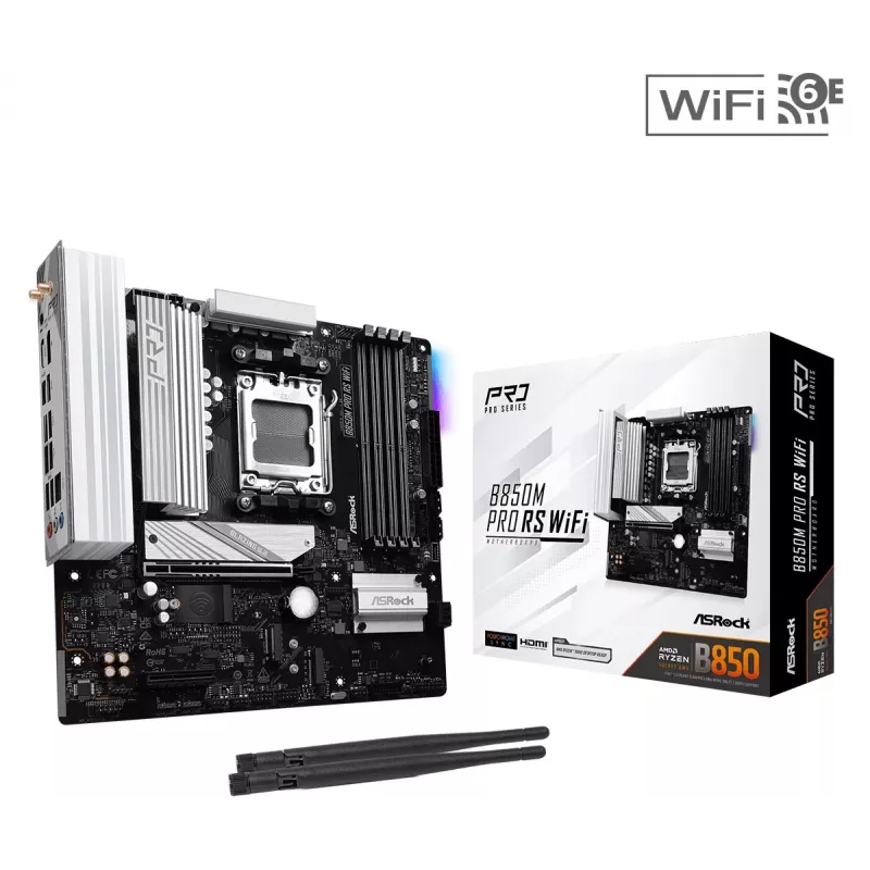 ASRock B850M Pro RS WiFi moederbord — AMD B850, socket AM5, microATX, DDR5, 4 DIMM, 256GB, Wi-Fi 6E, 2.5Gb LAN, 3x M.2