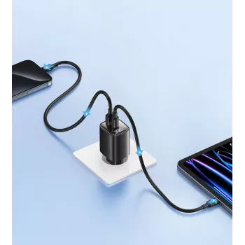 USB- en USB-C 30W GaN-snellader usams CC229 wit — LED-indicator, compact ontwerp
