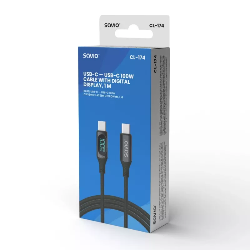 Savio CL-174 USB-C-naar-USB-C-kabel, 100 W, Power Delivery/Quick Charge, digitaal display, 1 m, groen