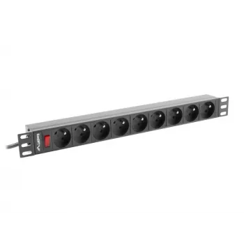 Power Distribution Unit LANBERG PDU-09E-0300-BK — 9x stopcontact type E, 16 A, 220–250 V, 3 m kabel, 1U-rack, 19 inch