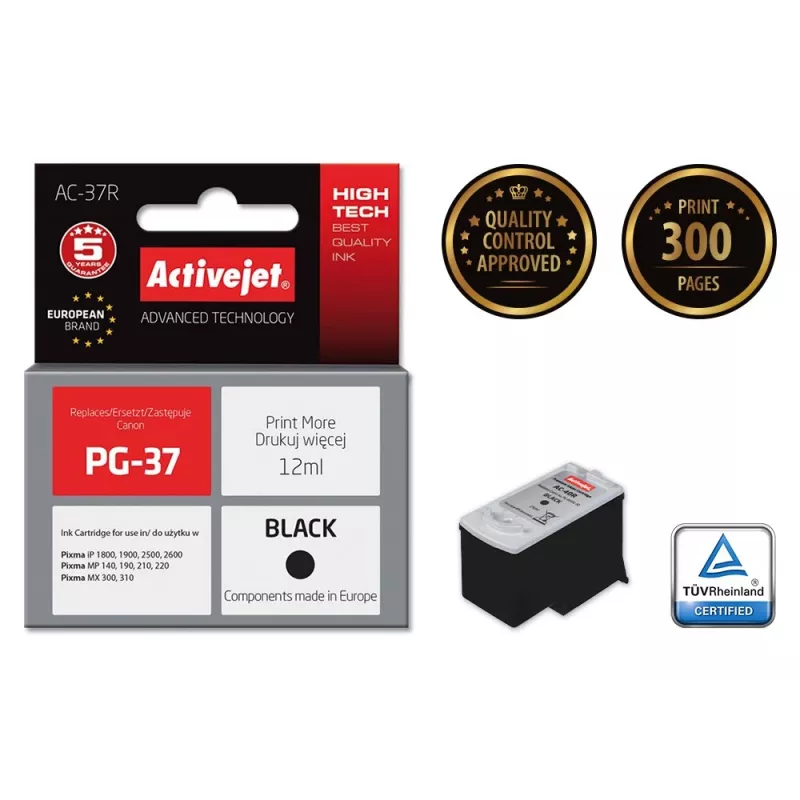 Inktpatroon ActiveJet AC-37R compatibele vervanging voor Canon PG-37, zwart, 12 ml, hoge capaciteit, pigmentbasis