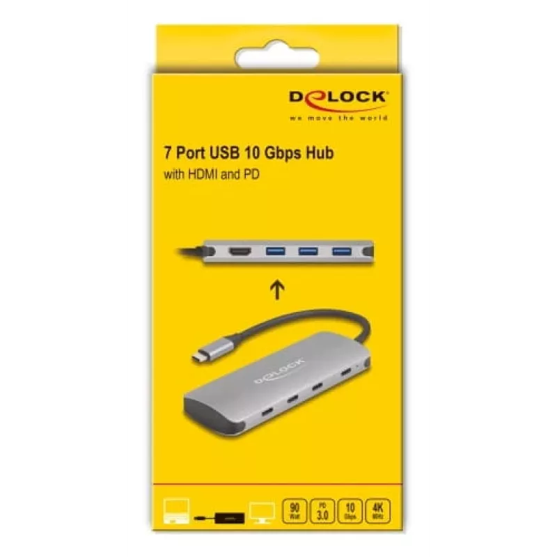 USB-C-hub DELOCK 64323 — USB 3.2 Gen 2 Type-C-host, HDMI + 2× USB-A + 2× USB-C, 10 Gbit/s, grijs