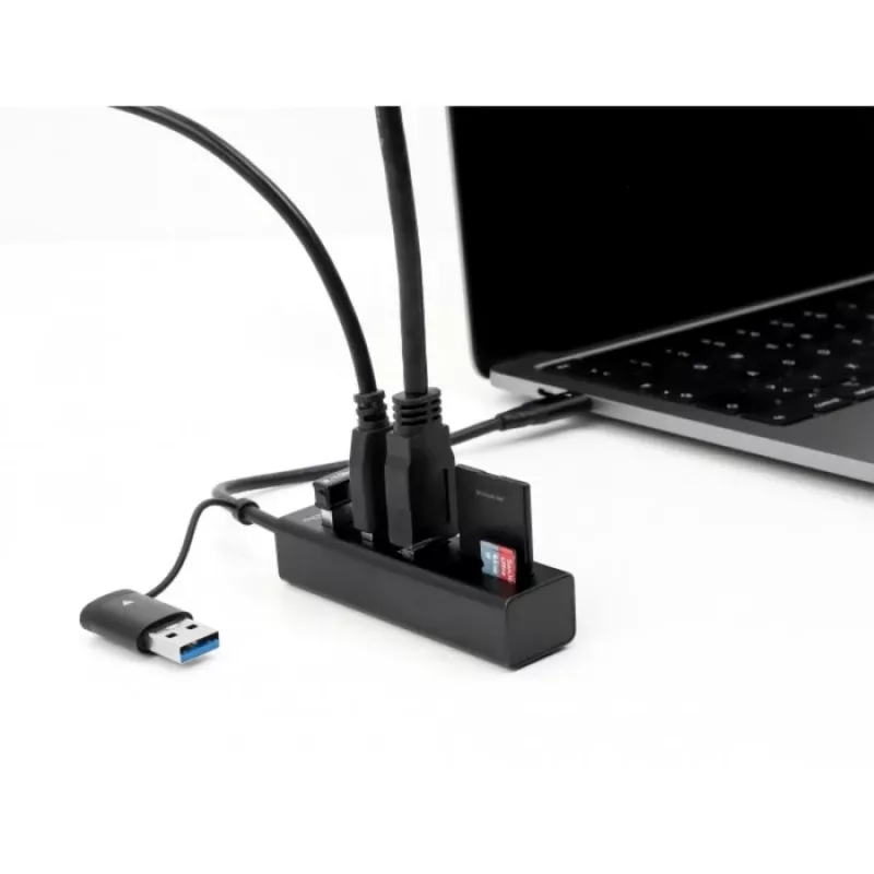 3-poorts USB 3.2 Gen 1-hub + SD- en microSD-kaartlezer met USB Type-C- of USB Type-A-aansluiting, USB-hub
