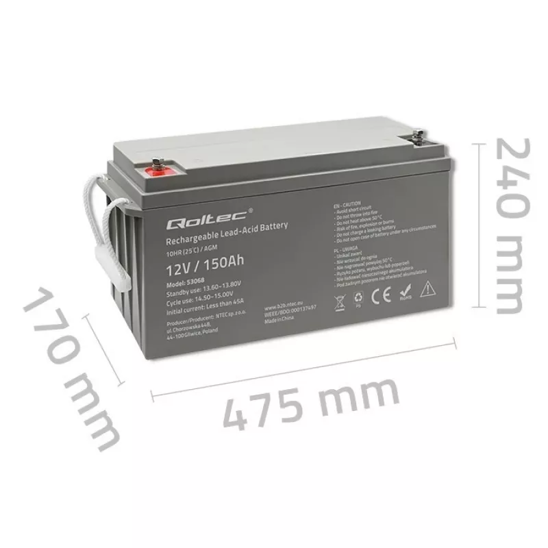 Qoltec 53068 AGM-batterij | 12V | 150Ah | max. 2250A