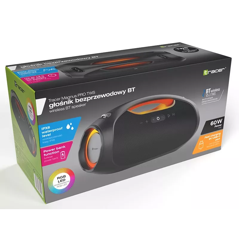 Stereo draagbare luidspreker TRACER TRAGLO47226 — draadloos Bluetooth 5.3, 60 W RMS, 12 u accu, zwart