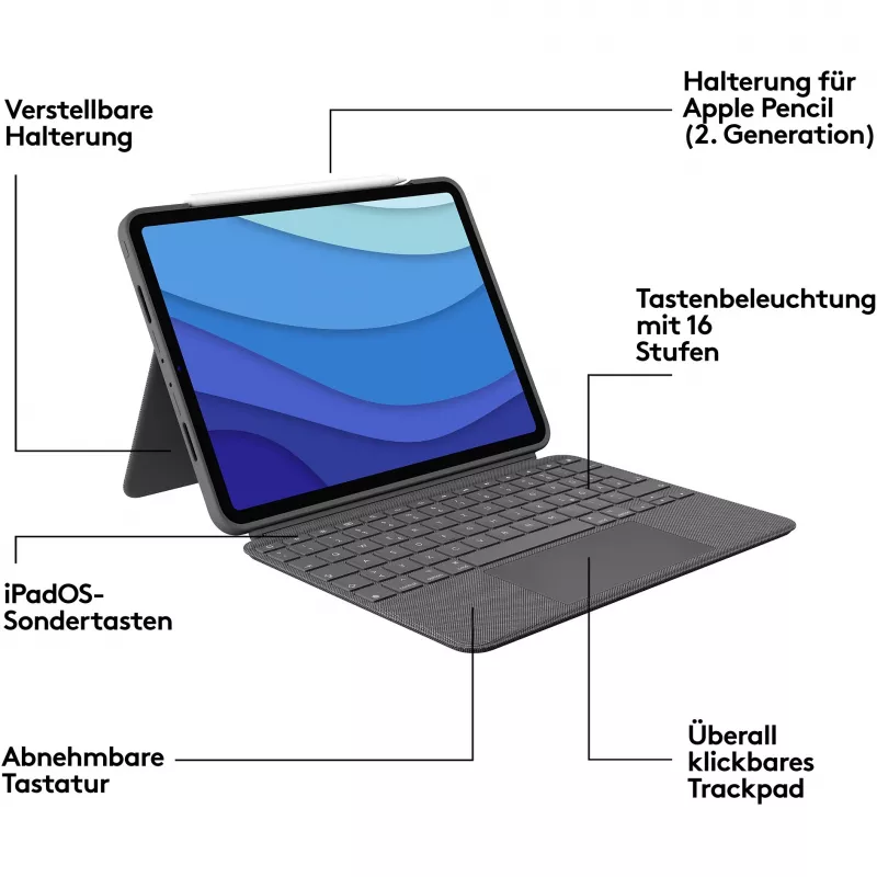 Case met toetsenbord Combo Touch US iPad Pro 11 1,2,3 Gen grijs