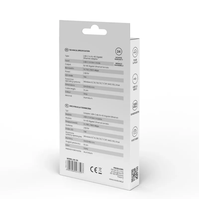 SAVIO-adapter USB-C 3.1 Gen.1 (M) naar RJ-45 Gigabit Ethernet (F), 1000 Mbps, AK-56, grijs