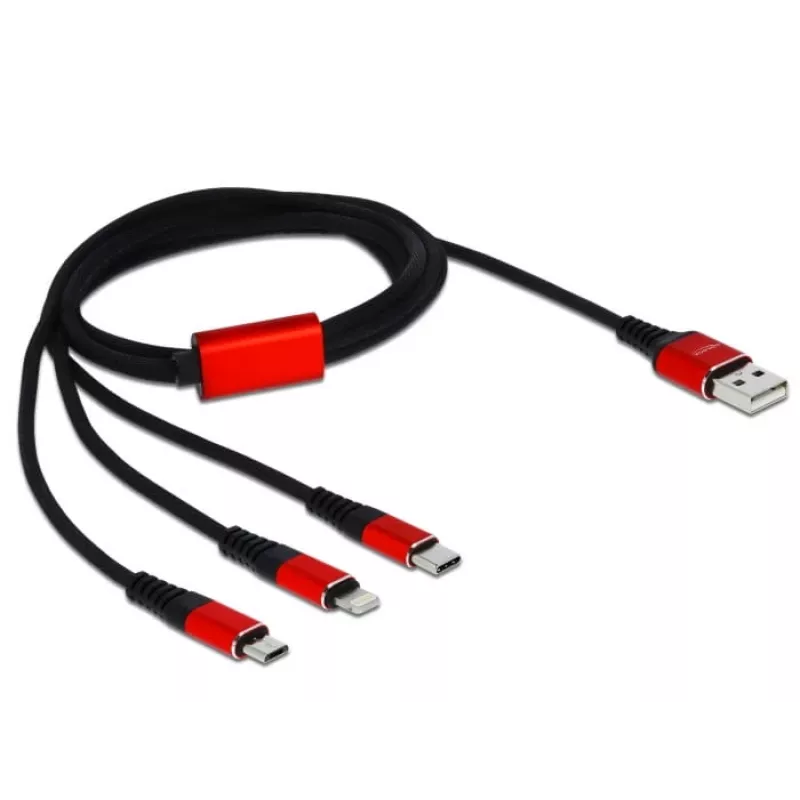 DeLOCK - kabel alleen voor opladen - Lightning / USB - USB (M) naar Micro-USB Type B, Lightning, USB-C (M) - 1,0 m - afgeschermd - zwart (85892)