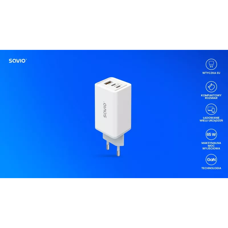 SAVIO LA-07 GaN 65W voeding, USB, QC4.0+, PD 3.0, wit