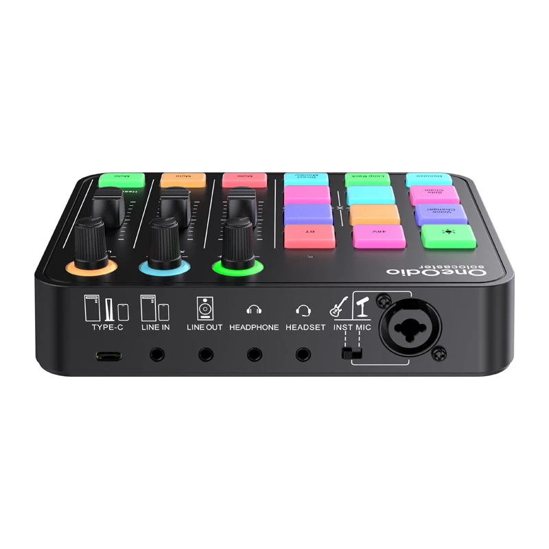 Audiomixer en USB-soundcard OneOdio Solocaster – compacte desktop-interface voor streaming en opnemen