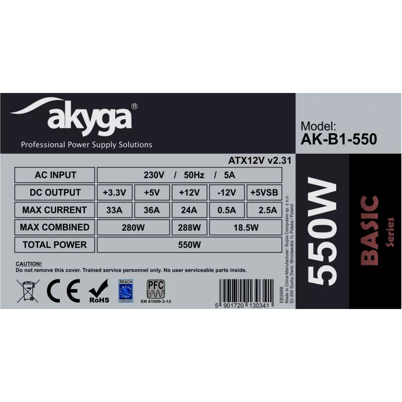 Akyga Basic AK-B1-550 ATX-voeding 550 W, 120-mm-ventilator, passieve PFC, grijs