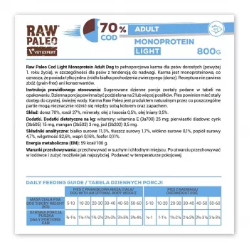 Natvoer voor honden VETEXPERT Raw Paleo Cod Light Adult 800 g — blik, vissmaak, 11,3% eiwit, 1,7% vet