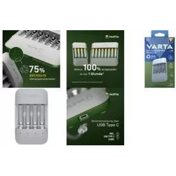 Batterijoplader Varta Eco Charger Pro — USB, NiMH, laadt 4 AA/AAA, 1 u, grijs