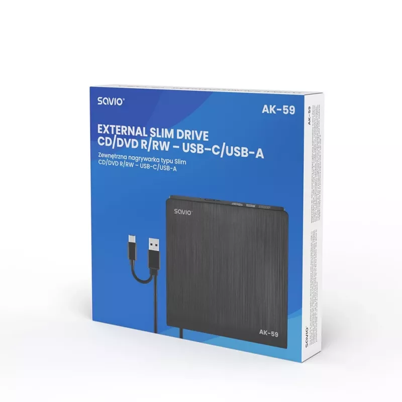 SAVIO AK-59 externe slanke CD/DVD-brander R/RW - USB-C/USB-A, zwart