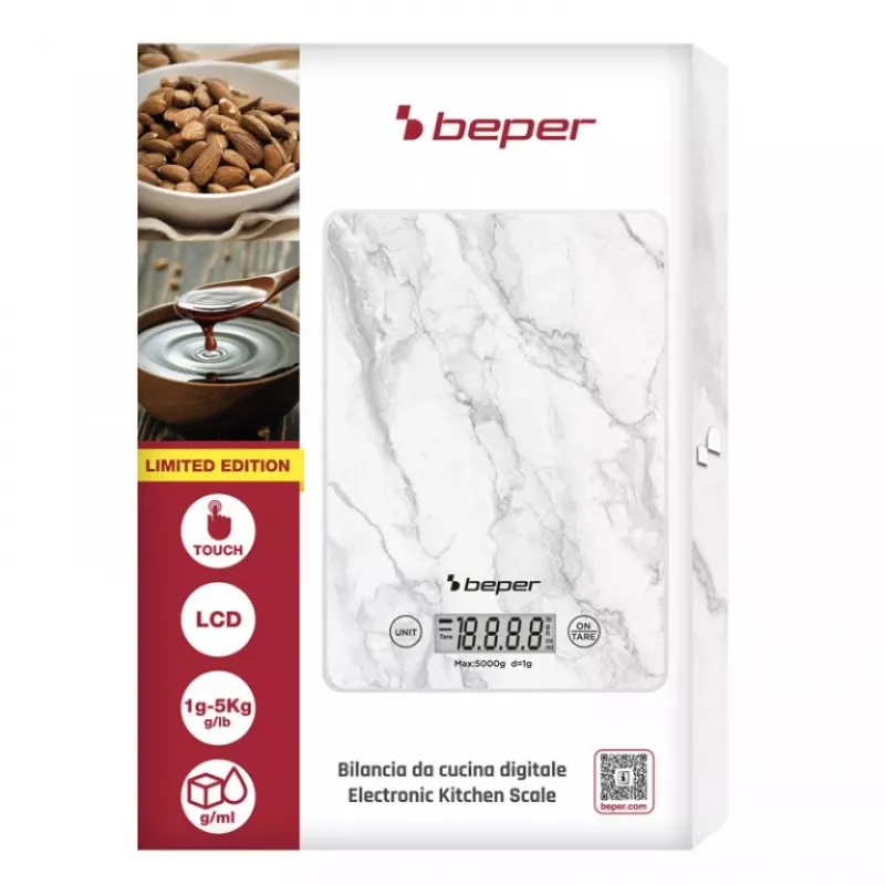 Keukenweegschaal Beper P102BIL004 - digitaal, 5 kg, 1 g, wit marmer