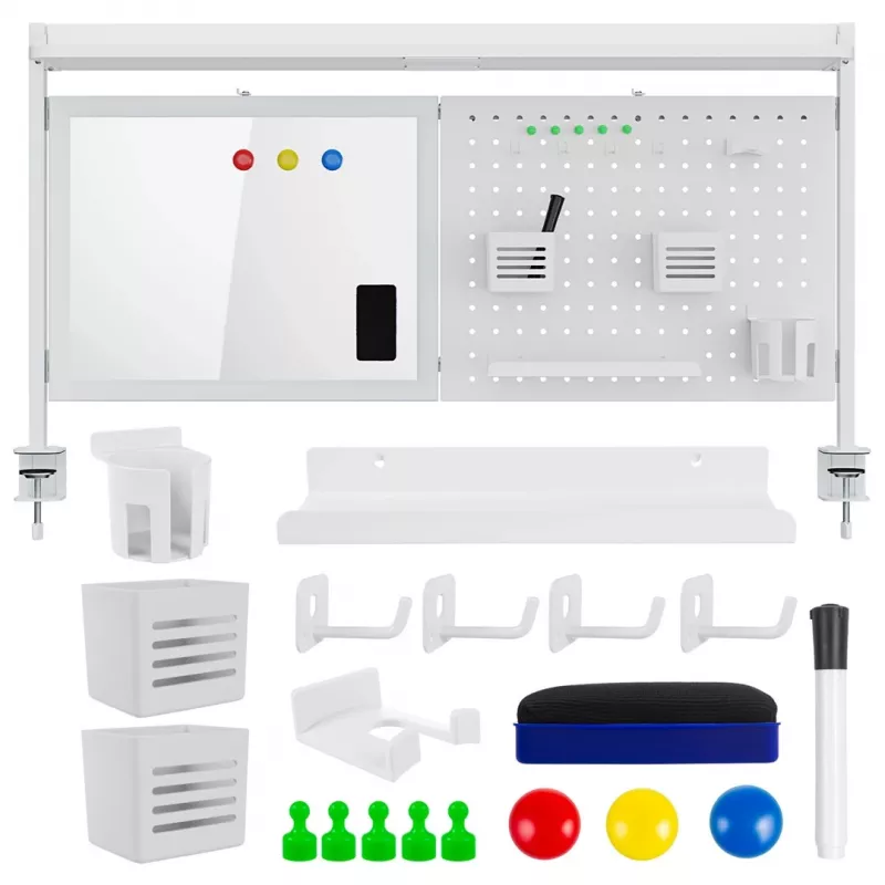 Bureaubladscheiding ergo office ER-301 W – 1116 mm brede stalen privacywand met magneetbord, wit, max. belasting 10 kg