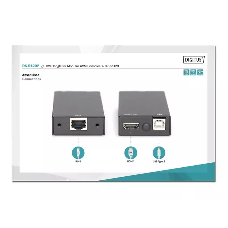 Digitus DS-51202 DVI-dongle voor modulaire KVM-consoles, RJ45 naar DVI, USB, tot 60 m, Full HD
