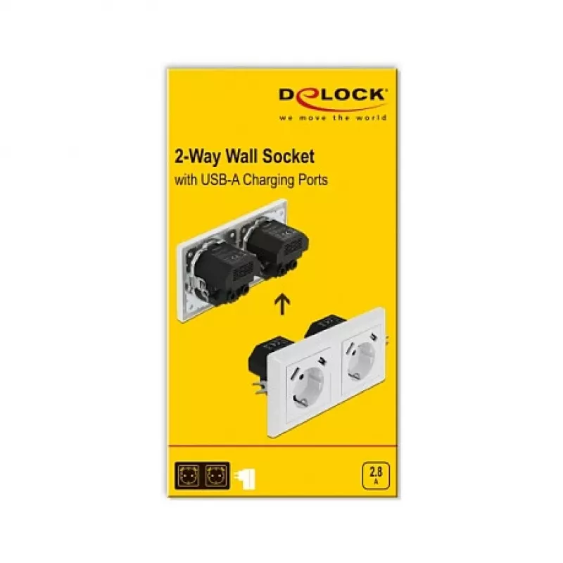 Wandcontactdoos DeLOCK 2-voudig met 4 USB-aansluitingen 2 x 2,8 A