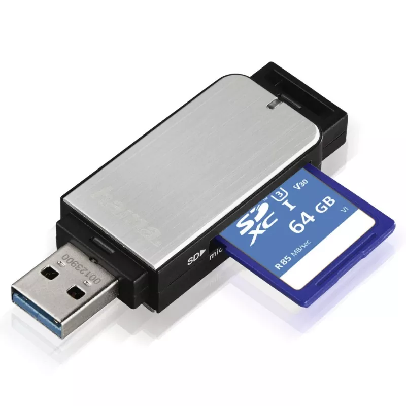 Hama 123900 USB 3.0-kaartlezer SD/microSD, aluminium, zwart/zilver