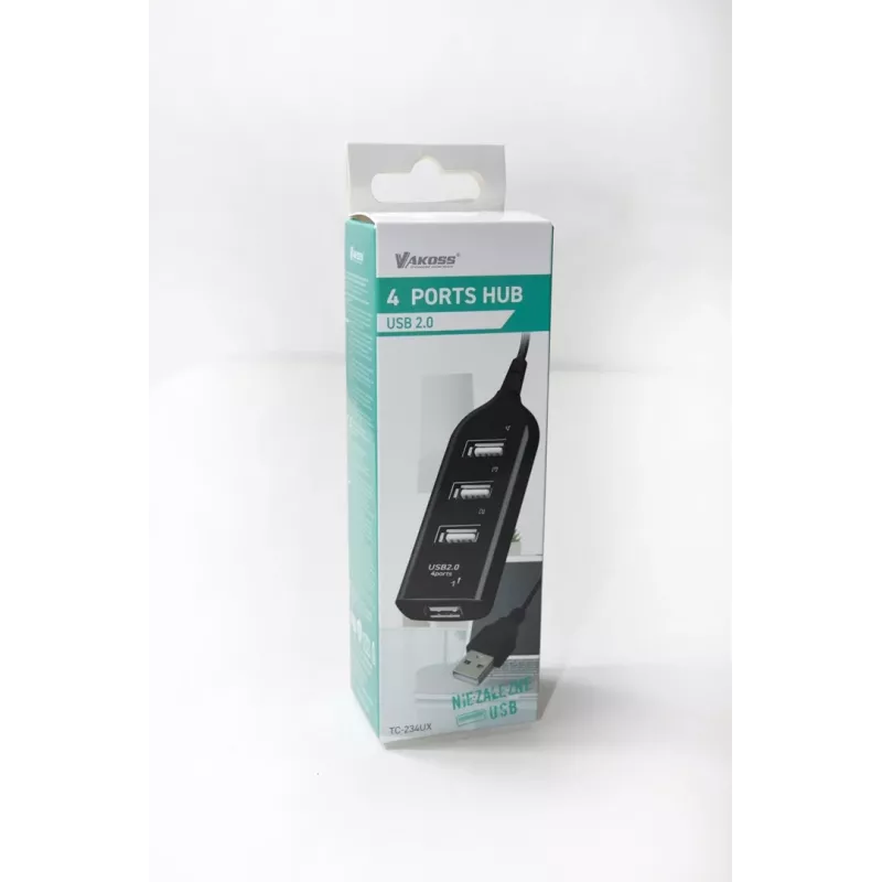VAKOSS USB-hub TC-234UX — 4-poorts USB 2.0-hub, DC-voeding (5 V, 1 A), zwart