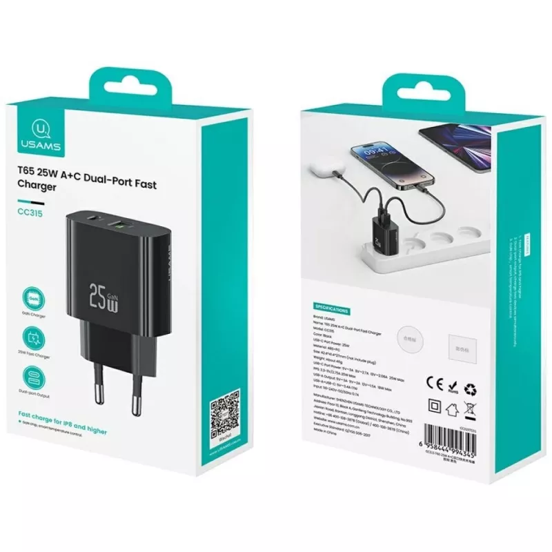 USB-oplader usams USA001629 25W 1×USB-C + 1×USB-A snelladen