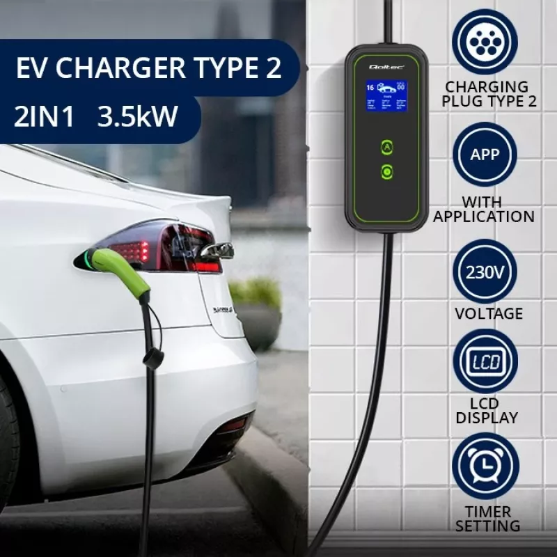 Qoltec Mobiele EV-autolader Verstelbaar 2in1 Type2 | 3.5kW | 230V | Wi-Fi | LCD | Draagbaar | Wallbox | 5m