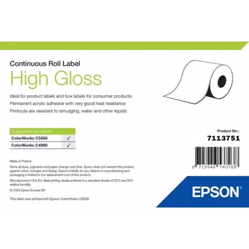 Labelrol Epson 7113751, hoogglans afwerking, breedte 76 mm, lengte 33.000 mm
