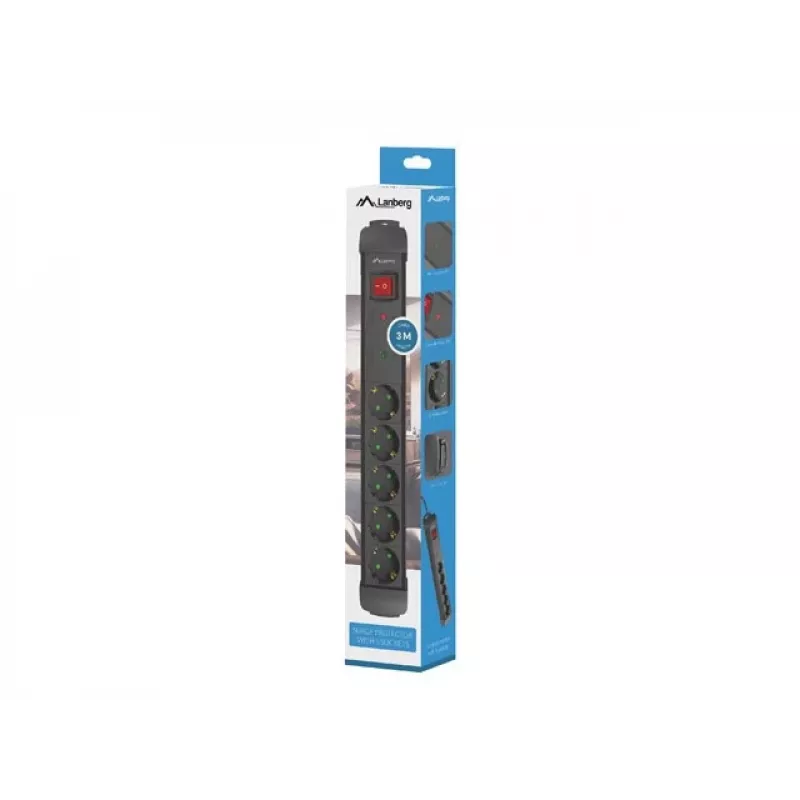 Lanberg SP1-05F-0300-BK stroomverlengkabel 3 m 5 AC-stopcontacten binnen zwart
