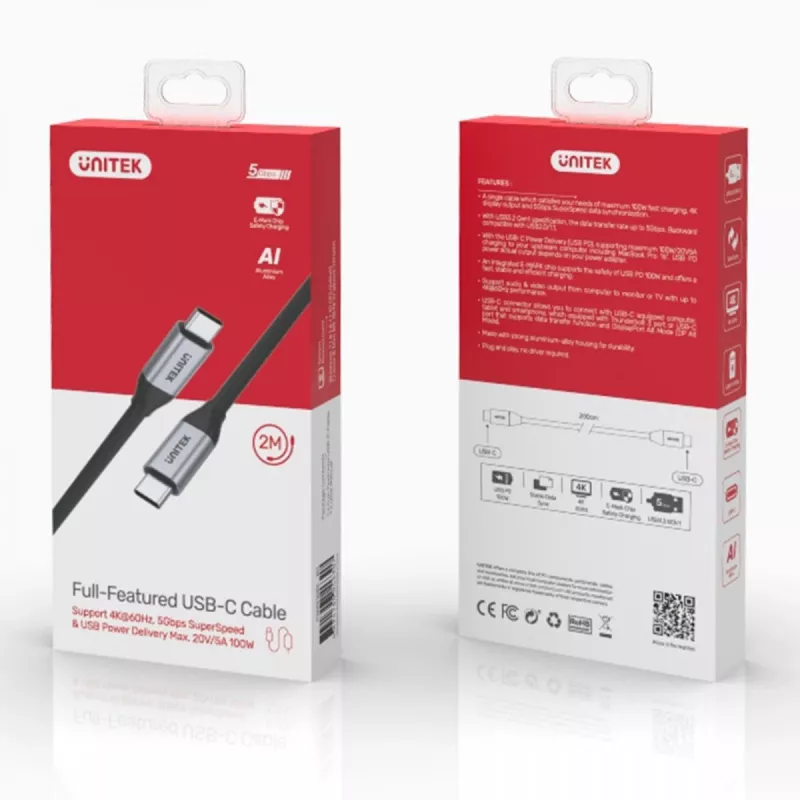 UNITEK C14091ABK USB-kabel USB 3.2 Gen 2 2m USB-C zwart