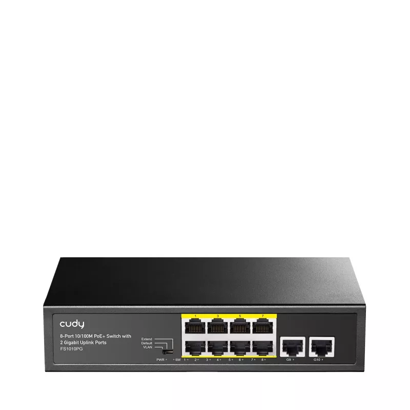 Netwerk-switch Cudy FS1010PG — 10/100 Mbps, 8 PoE-poorten, 2 uplink, 120W PoE-budget, metalen behuizing
