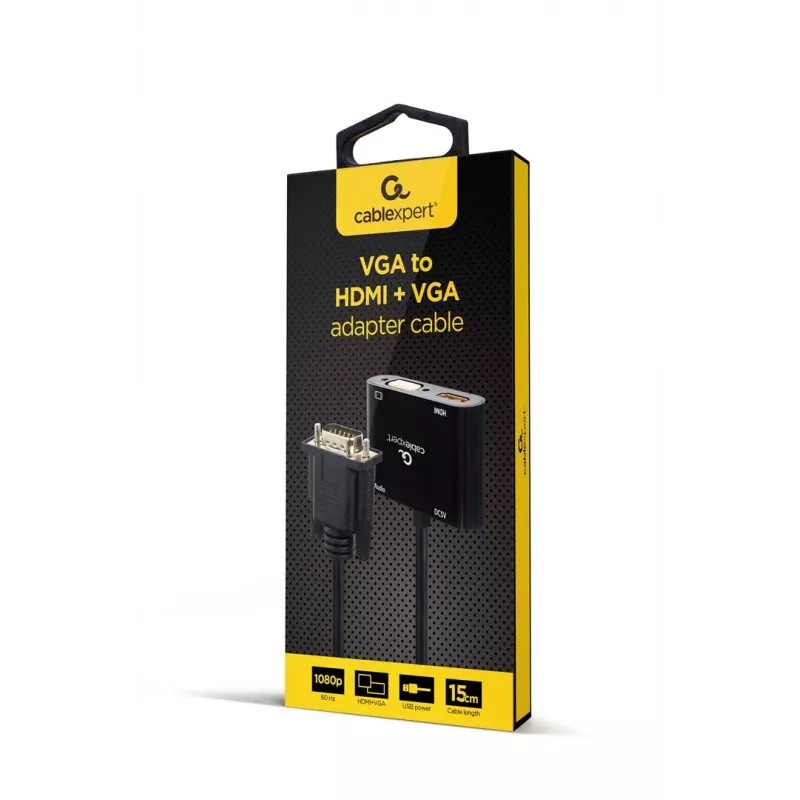 Videokabel-adapter GEMBIRD A-VGA-HDMI-02 0,15 m — HDMI + VGA (D-Sub) bus naar VGA (D-Sub) stekker, zwart