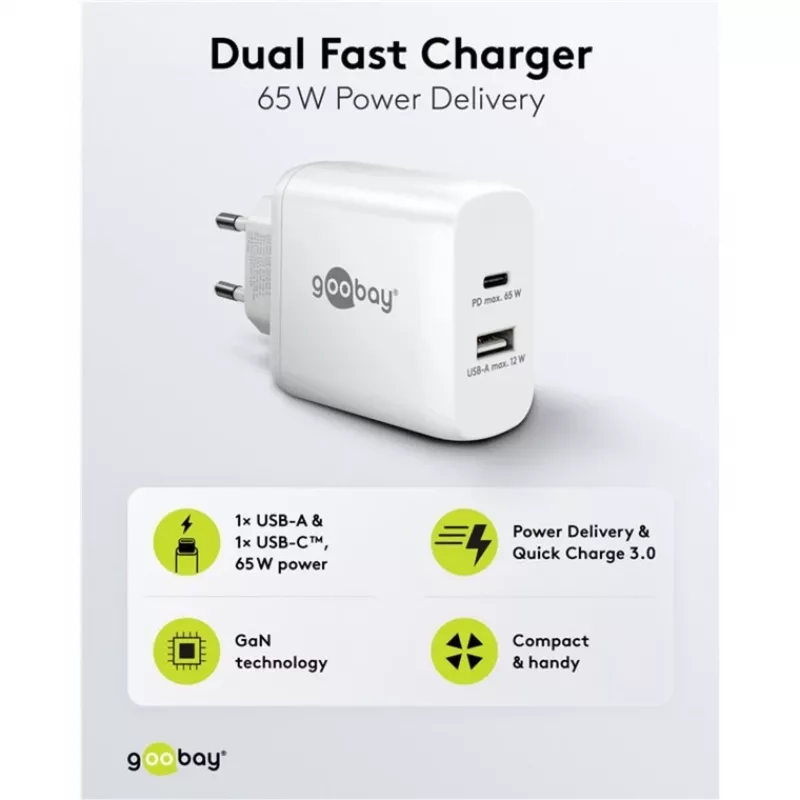 USB-C dual-snellader, PD, GaN, 65 watt (wit, 1x USB-C, 1x USB-A, Power Delivery)