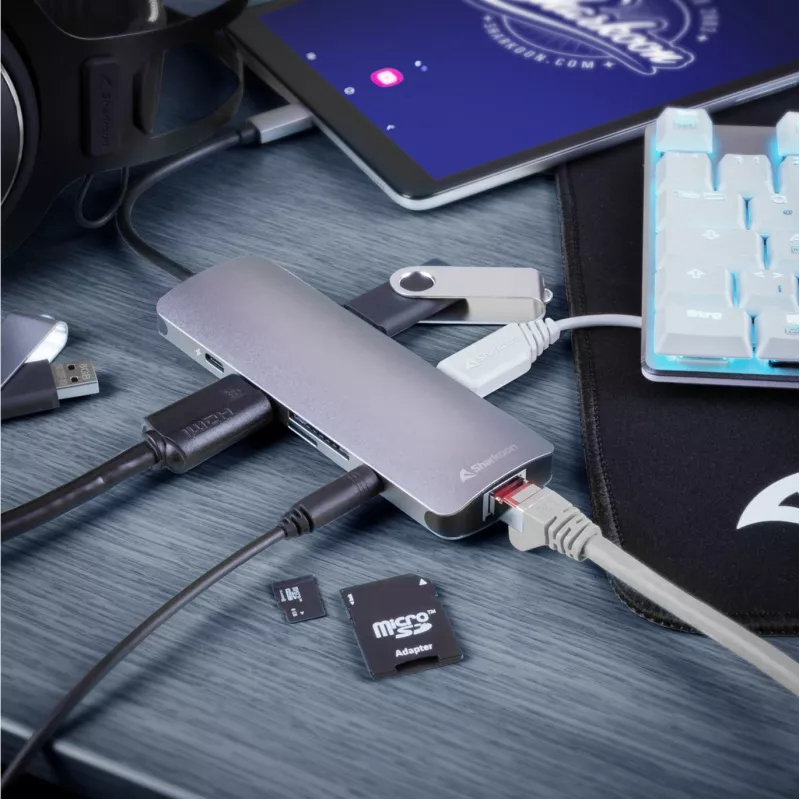 Sharkoon USB 3.0 Type-C combo-adapter interfacekaarten/adapters HDMI, RJ-45, USB 3.2 Gen 1 (3.1 Gen 1)