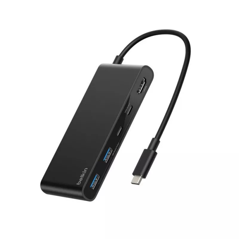 Belkin Connect, USB Type-C, HDMI, USB 2.0 Type-A, USB 3.2 Gen 1 (3.1 Gen 1) Type-C, MicroSD (TransFlash), SD, zwart, ronde kabel, 0,2 m
