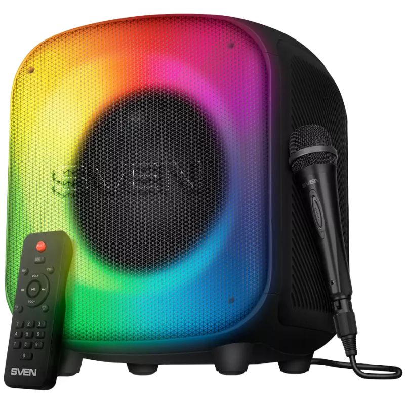 Luidspreker SVEN PS-555, zwart, uitgangsvermogen 65 W (RMS), TWS, Bluetooth, USB, microSD, afstandsbediening, lithiumaccu