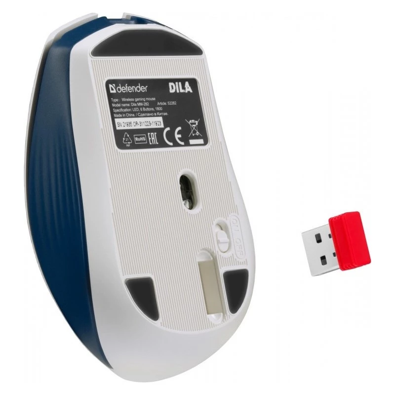 Draadloze gaming-muis DEFENDER MM-282 RF — dubbelhandig, optisch 1800 DPI, 5 knoppen, USB, op batterijen
