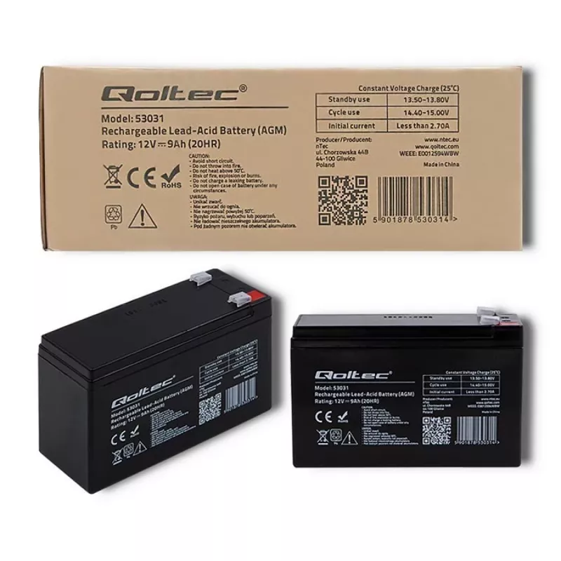 UPS-accu QOLTEC 53031 12V 9Ah groen, 152×94×65 mm, 2,35 kg