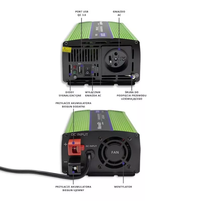 Auto-omvormer Qoltec Monolith 1200 W groen 12 V