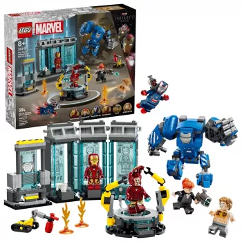 LEGO Marvel Iron Man laboratorium wapenkamer 76315 speelset – 384 onderdelen, 5 minifiguren, presentatiegebied
