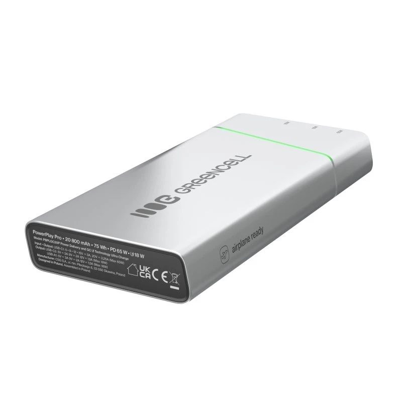 Draagbare accu Green Cell BPLGC20P 20800 mAh lithium-ion, USB-C PD 65W, 2x USB-C + 1x USB-A, aluminium behuizing