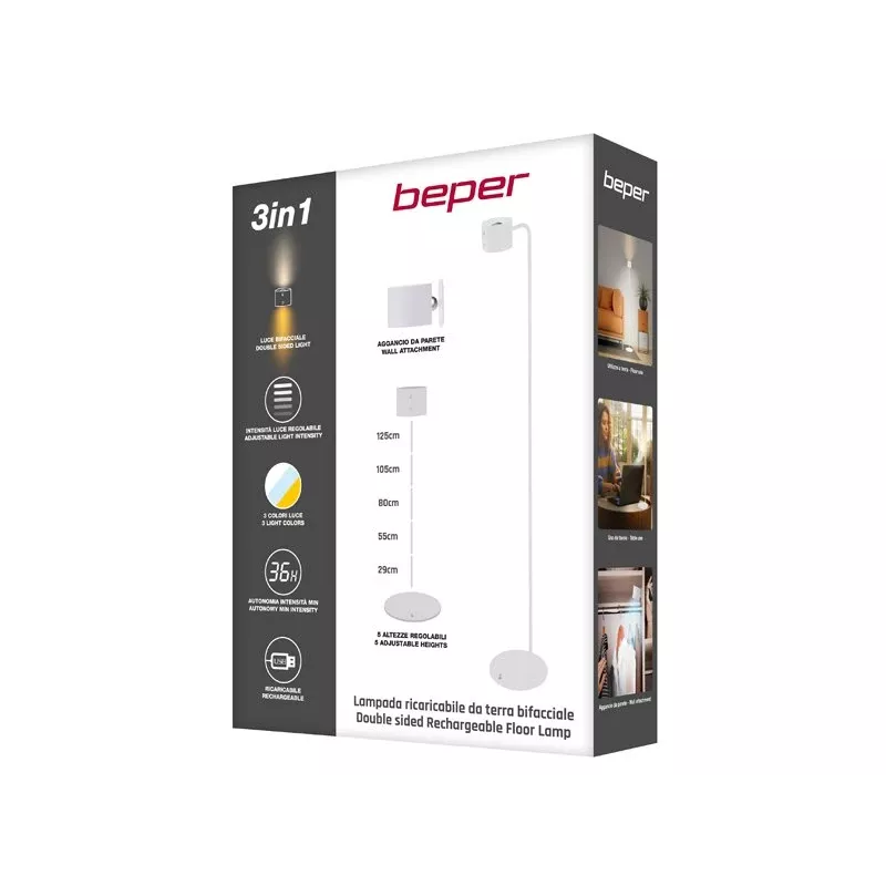 Beper P201UTP305 oplaadbare in hoogte verstelbare LED-lamp, staand en aan de wand te monteren, 2,3 W, dimbaar, wit