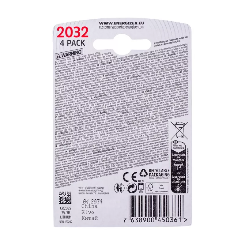 ENERGIZER BATTERY SPECIALIZED CR2032, 4 stuks, 3V, ECO