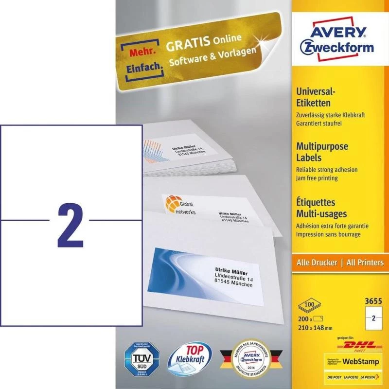 Avery 3655 zelfklevende etiketten rechthoekig permanent wit 200 stuks