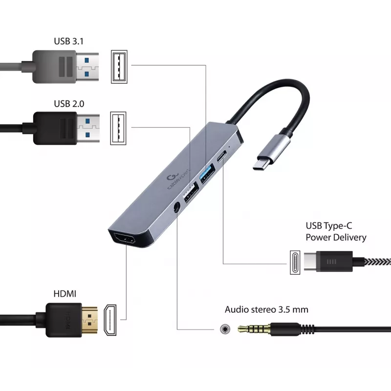 Gembird A-CM-COMBO5-02 laptop-dock/poortreplicator bekabeld USB 3.2 Gen 1 (3.1 Gen 1) Type-C zilver